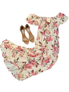 NWT Band of Gypsies Ivory W/Pink Floral Off Shoulder Maxi Dress - SIZE LARGE